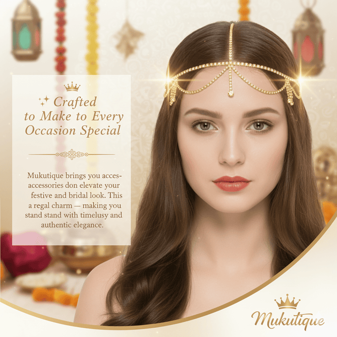 Mukutique Gold Crystal Bridal Head Chain for Women – Wedding Rhinestone Matha Patti Hair Jewelry Headpiece - MukuTique