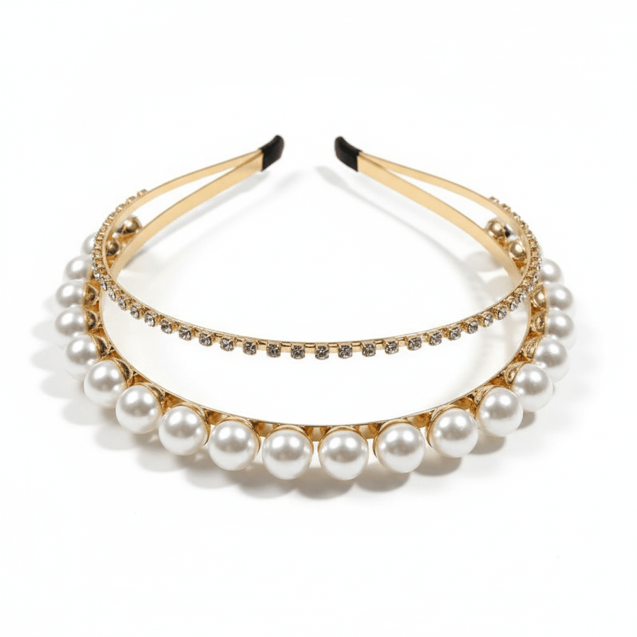 Mukutique Gold Plated Pearl & Crystal Double Layer Hairband for Women – Elegant Wedding Party Headband for Girls - MukuTique