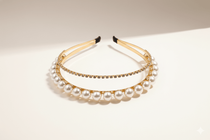 Mukutique Gold Plated Pearl & Crystal Double Layer Hairband for Women – Elegant Wedding Party Headband for Girls - MukuTique