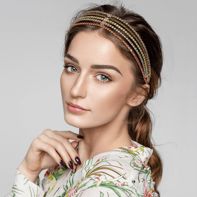 Mukutique Multi - Color Rhinestone Headband for Women - 5 Row Rainbow Crystal Elastic Hair Band - Colorful Sparkling Diamond Hair Accessories for Weddings, Parties, and Prom (Gold Base) - MukuTique