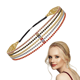 Mukutique Multi-Color Rhinestone Headband for Women - 5 Row Rainbow Crystal Elastic Hair Band - Colorful Sparkling Diamond Hair Accessories for Weddings, Parties, and Prom (Gold Base)