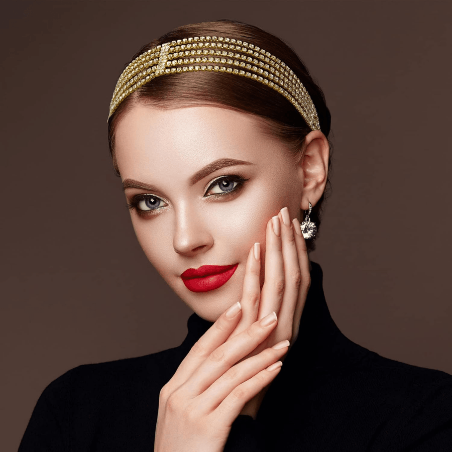 Mukutique Multi Layer Crystal Bridal Headband for Women Elastic Rhinestone Wedding Forehead Hair Band Gold Party Wear Designer Hair Accessory for Girls & Women - MukuTique