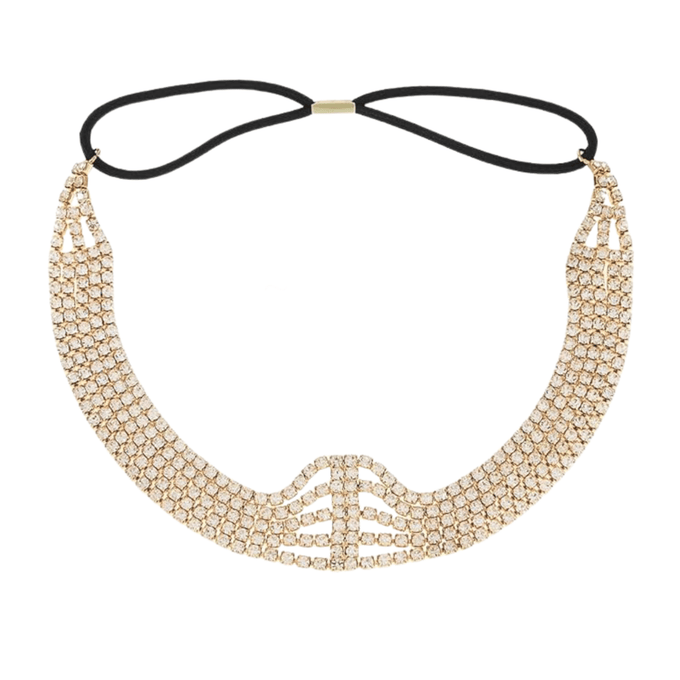 Mukutique Multi Layer Crystal Bridal Headband for Women Elastic Rhinestone Wedding Forehead Hair Band Gold Party Wear Designer Hair Accessory for Girls & Women - MukuTique