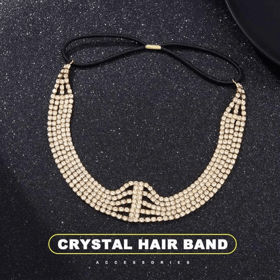 Mukutique Multi Layer Crystal Bridal Headband for Women Elastic Rhinestone Wedding Forehead Hair Band Gold Party Wear Designer Hair Accessory for Girls & Women - MukuTique