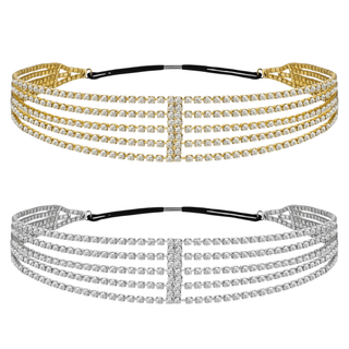 Mukutique Multi-Layer Rhinestone Headband for Women - 5 Row Crystal Elastic Hair Band - Sparkling Diamond Hair Accessories for Weddings, Parties, and Prom (Gold & Silver)