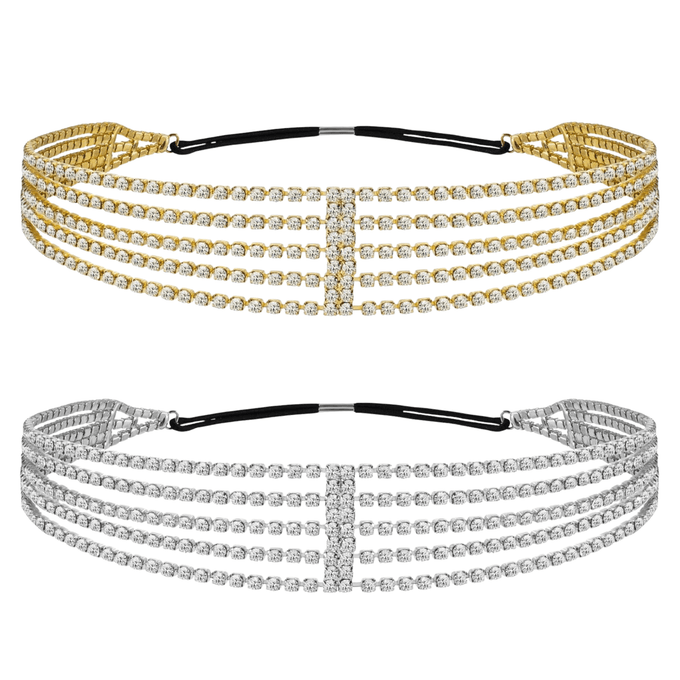 Mukutique Multi - Layer Rhinestone Headband for Women - 5 Row Crystal Elastic Hair Band - Sparkling Diamond Hair Accessories for Weddings, Parties, and Prom (Gold & Silver) - MukuTique