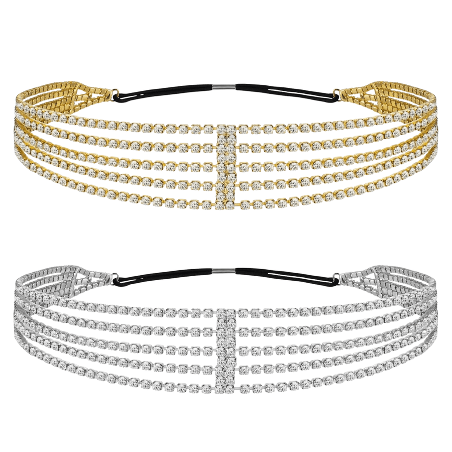 Mukutique Multi - Layer Rhinestone Headband for Women - 5 Row Crystal Elastic Hair Band - Sparkling Diamond Hair Accessories for Weddings, Parties, and Prom (Gold & Silver) - MukuTique