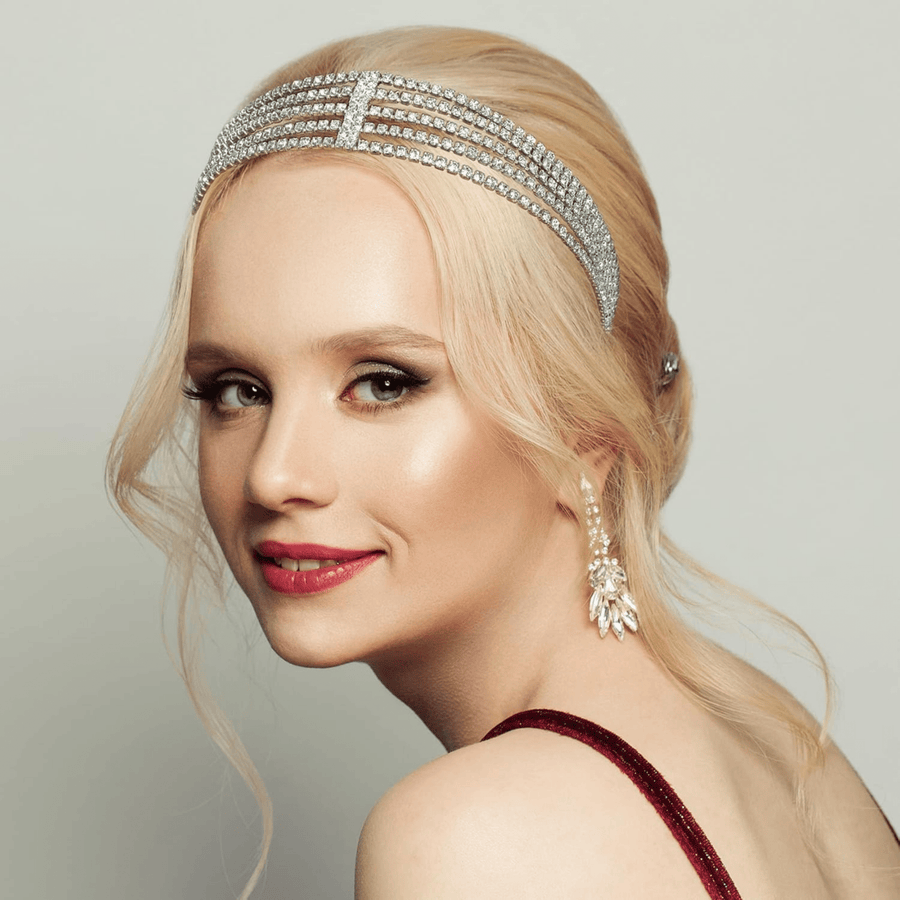Mukutique Multi - Layer Rhinestone Headband for Women - 5 Row Crystal Elastic Hair Band - Sparkling Diamond Hair Accessories for Weddings, Parties, and Prom (Gold & Silver) - MukuTique
