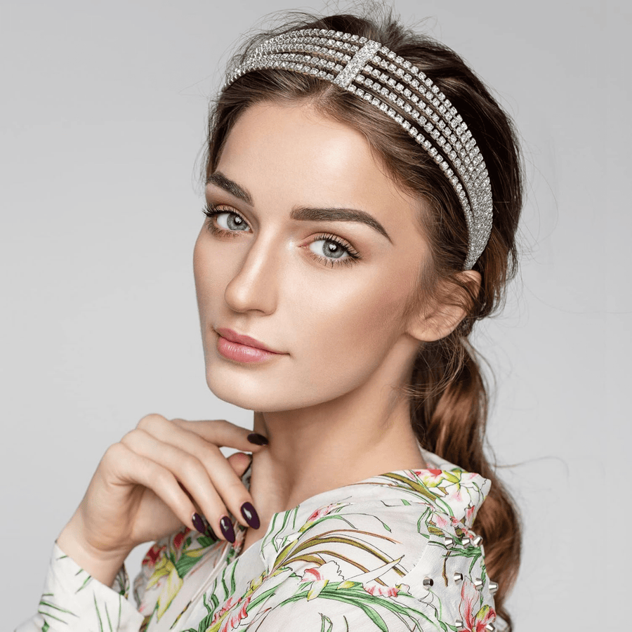 Mukutique Multi - Layer Rhinestone Headband for Women - 5 Row Crystal Elastic Hair Band - Sparkling Diamond Hair Accessories for Weddings, Parties, and Prom (Gold & Silver) - MukuTique
