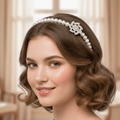 Mukutique Pearl Headband for Women – White Faux Pearl Hair Hoop with Crystal Flower Accents – Elegant Bridal Hair Accessories for Weddings, Parties, and Special Occasions - MukuTique