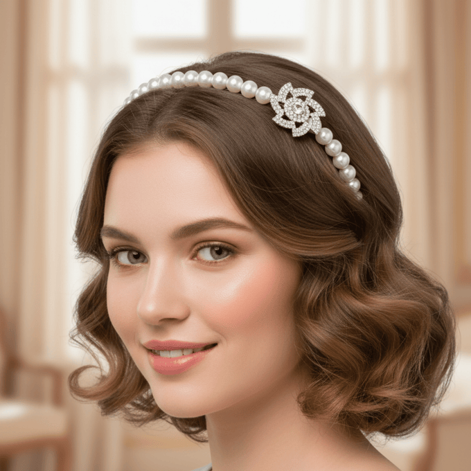Mukutique Pearl Headband for Women – White Faux Pearl Hair Hoop with Crystal Flower Accents – Elegant Bridal Hair Accessories for Weddings, Parties, and Special Occasions - MukuTique