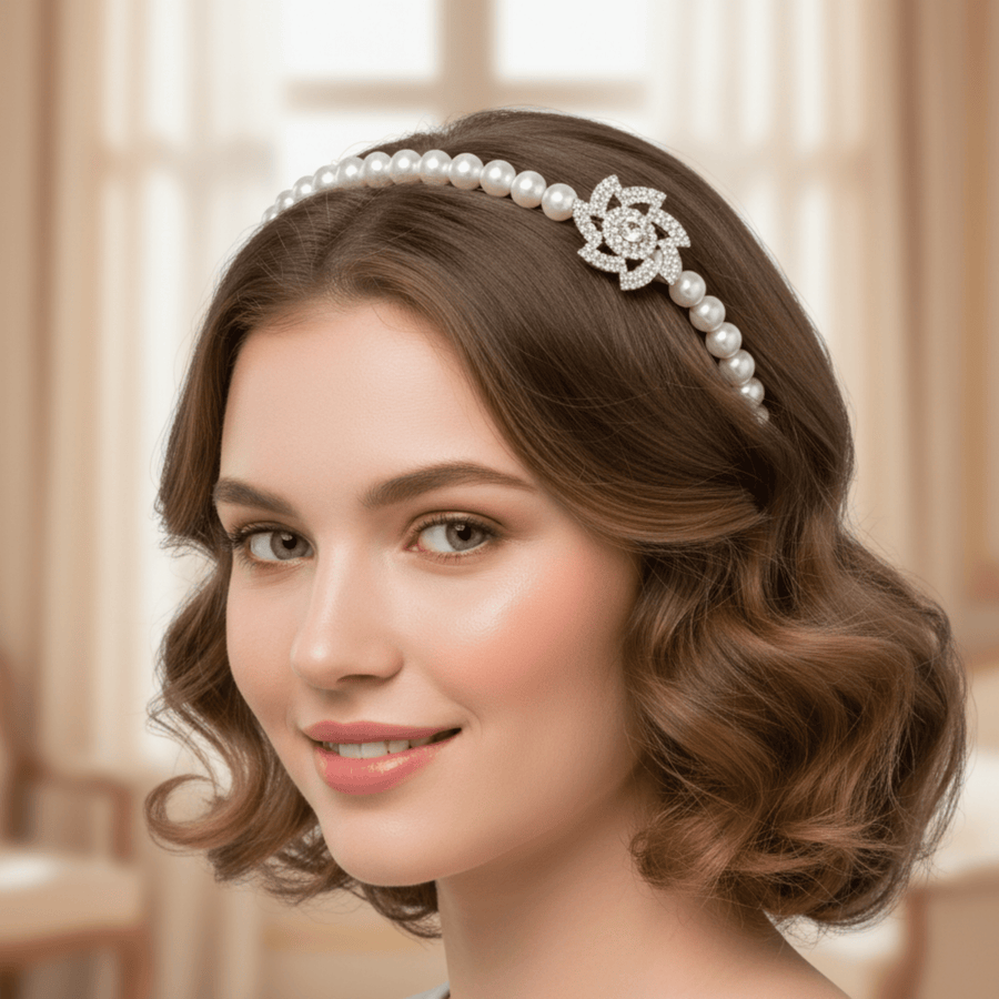 Mukutique Pearl Headband for Women – White Faux Pearl Hair Hoop with Crystal Flower Accents – Elegant Bridal Hair Accessories for Weddings, Parties, and Special Occasions - MukuTique
