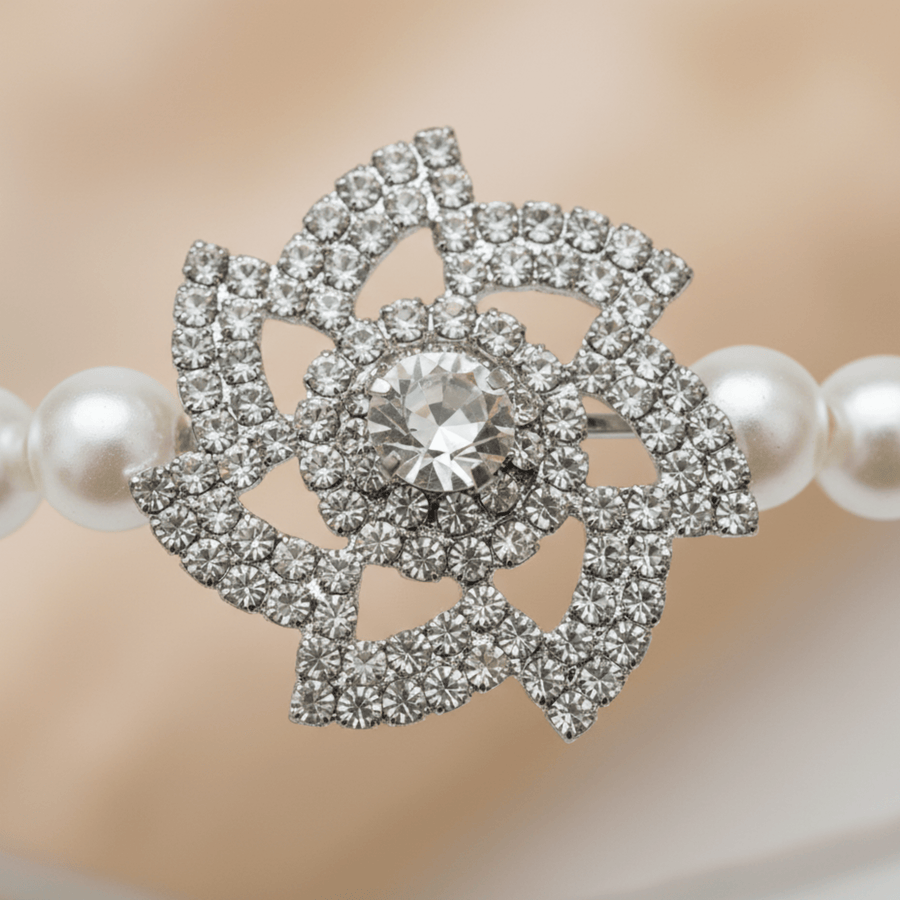 Mukutique Pearl Headband for Women – White Faux Pearl Hair Hoop with Crystal Flower Accents – Elegant Bridal Hair Accessories for Weddings, Parties, and Special Occasions - MukuTique