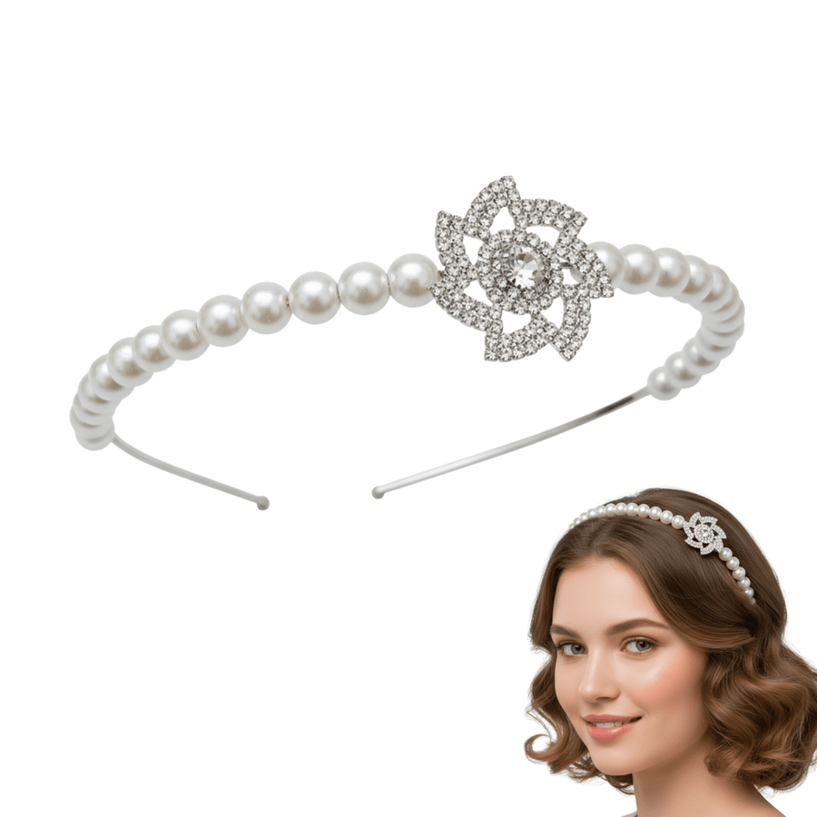 Mukutique Pearl Headband for Women – White Faux Pearl Hair Hoop with Crystal Flower Accents – Elegant Bridal Hair Accessories for Weddings, Parties, and Special Occasions - MukuTique