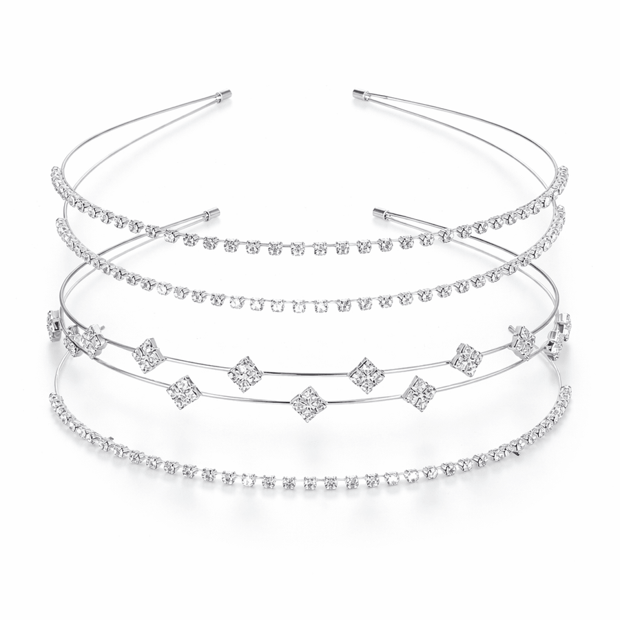 Mukutique Set of 3 Silver Crystal Bridal Headbands for Women Rhinestone Wedding Tiara Hair Bands Elegant Party Wear Multi Layer Designer Hair Accessories - MukuTique