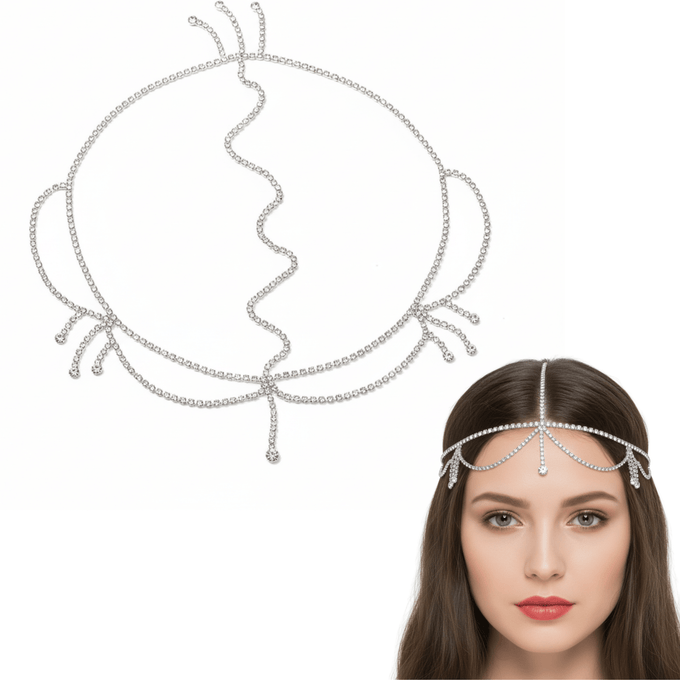Mukutique Silver Crystal Bridal Head Chain for Women – Wedding Rhinestone Matha Patti Hair Jewelry Headpiece - MukuTique