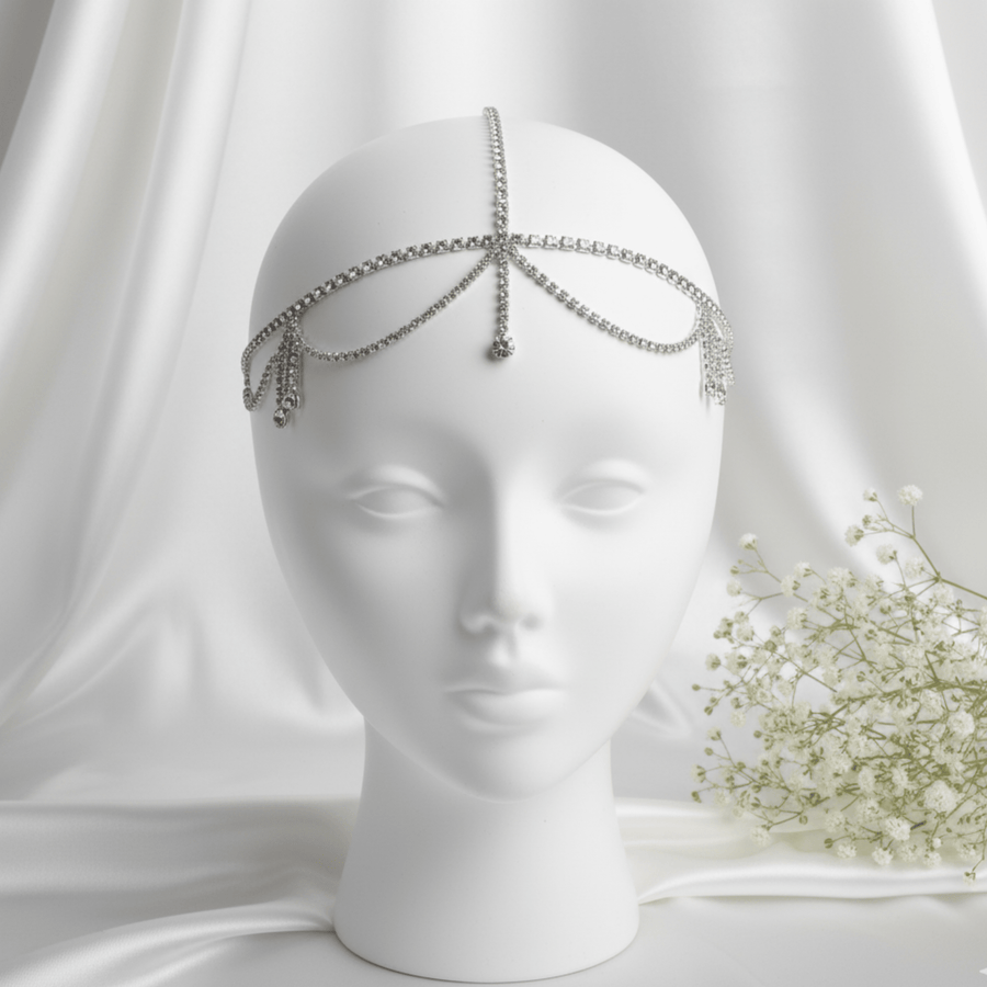 Mukutique Silver Crystal Bridal Head Chain for Women – Wedding Rhinestone Matha Patti Hair Jewelry Headpiece - MukuTique