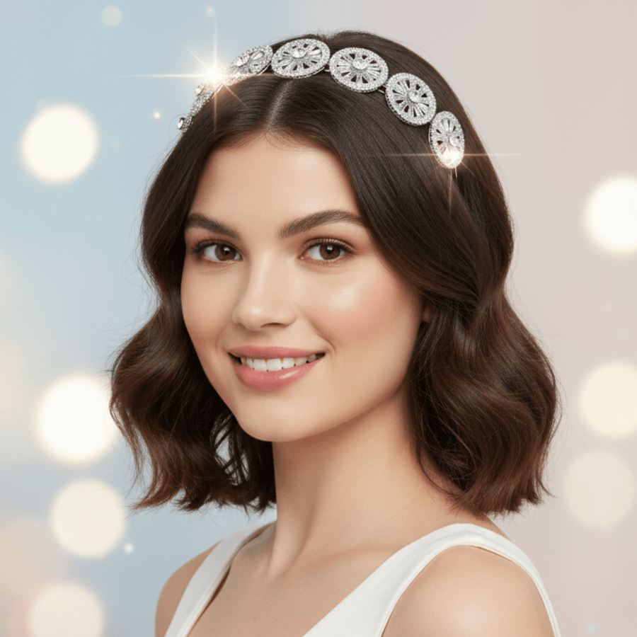 Mukutique Silver Crystal Headband - Sparkling Wheel Design Tiara for Wedding, Bridal, and Party Wear - Elegant Hair Accessory for Women and Girls - 1 Piece - MukuTique