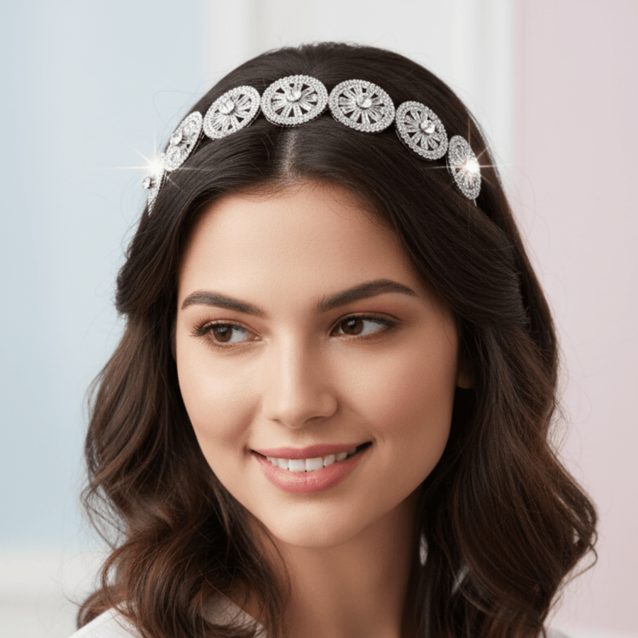 Mukutique Silver Crystal Headband - Sparkling Wheel Design Tiara for Wedding, Bridal, and Party Wear - Elegant Hair Accessory for Women and Girls - 1 Piece - MukuTique