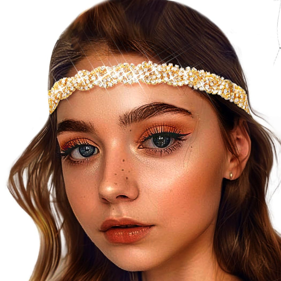 Mukutique Women’s Bohemian Rhinestone Forehead Headband - Gold Crystal Bridal Head Chain Hair Jewelry for Festivals, Weddings & Boho Style - MukuTique